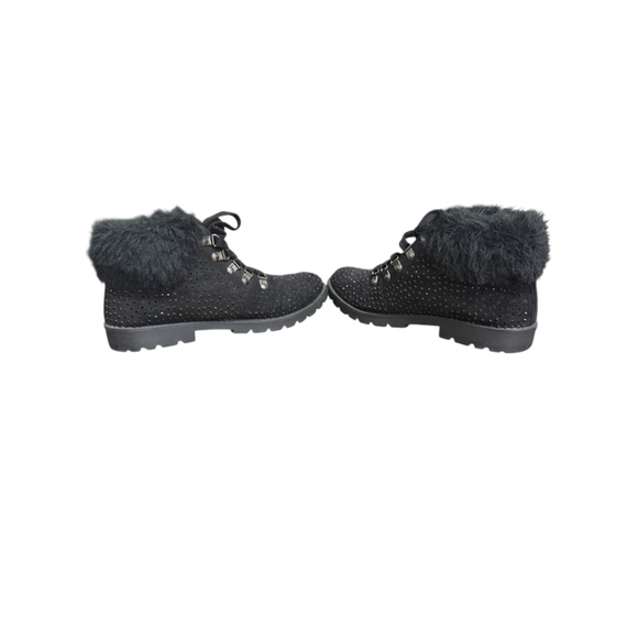 Justice Girls Black Faux Fur Ankle Boots Size 9 Rhinestone Lace Up - Picture 6 of 8